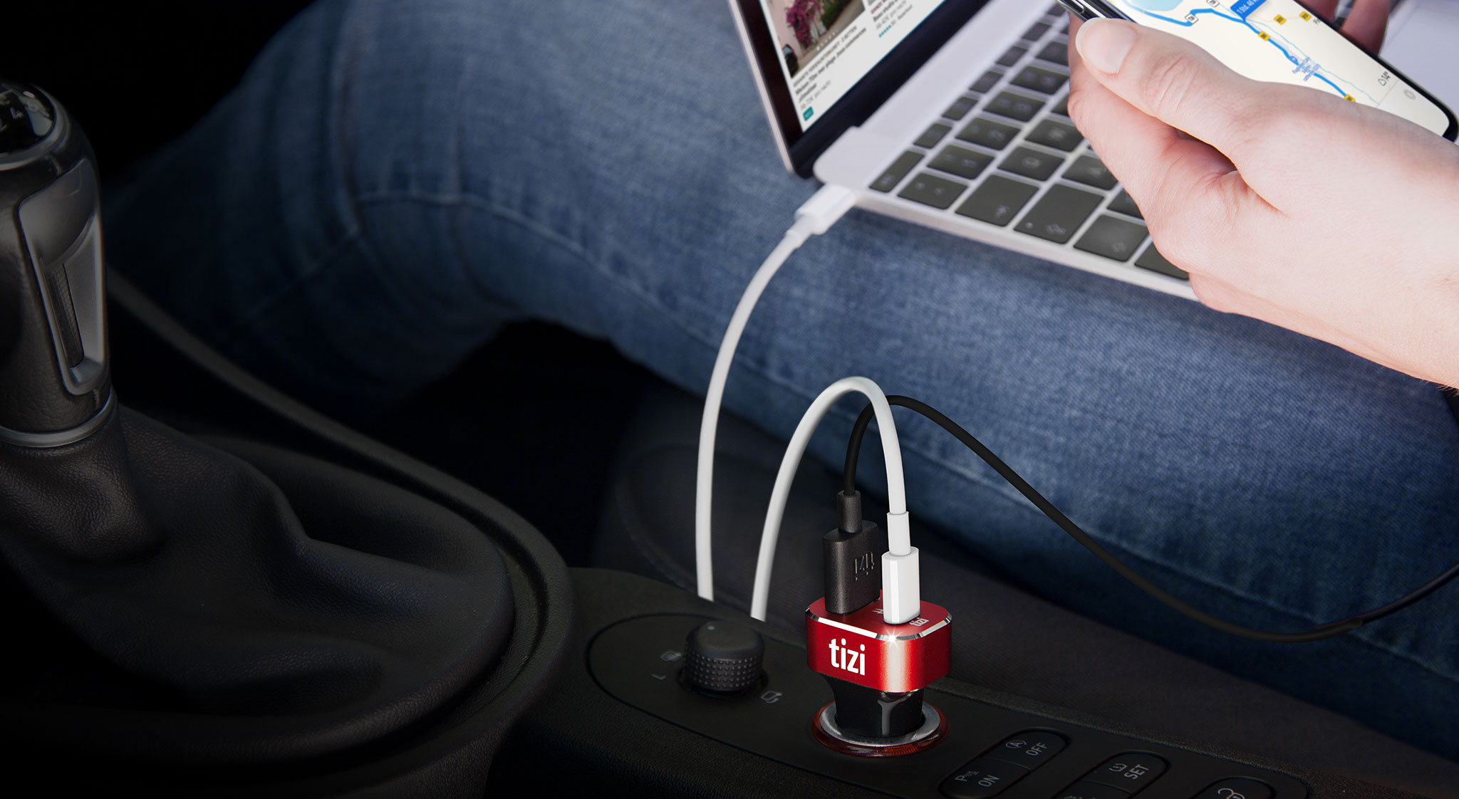 Zigarettenanzünder USB Ladegerät mit Lightning Spiralkabel, 1m Spiralkabel,  12W, 2 Port USB Auto Ladegerät Adapter für Handy und Tablet, Dual Kfz USB